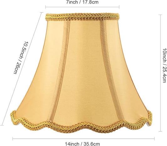 Saangseon Bell Lamp Shade, Scalloped Golden Faux Silk Fabric Lampshade Replacement, Softback, 7'' Top x 14'' Bottom x 10.5'' Slant Height x 10'' Vertical Height, Brass Spider