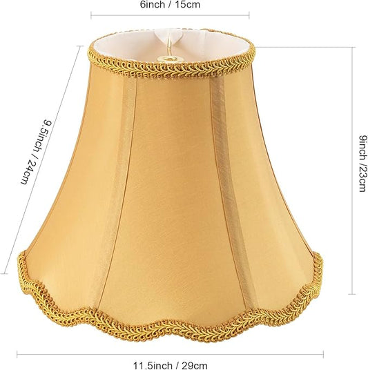 Saangseon Bell Lamp Shade, Scalloped Golden Faux Silk Fabric Lampshade Replacement, Softback, 6'' Top x 11.5'' Bottom x 9.5'' Slant Height x 9'' Vertical Height, Brass Spider